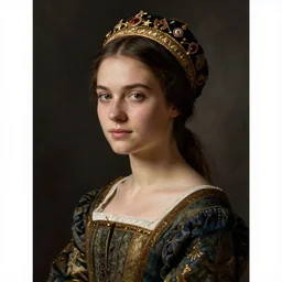 portrait of young woman in renaissance dress and renaissance headdress, art by sally mann