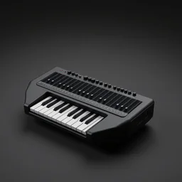 3 d render matte black electronic melodica musical instrument, all black, black keys, fluid design, centered on studio gray background, octane engine render, extremely detailed product concept, wearable musical instrument