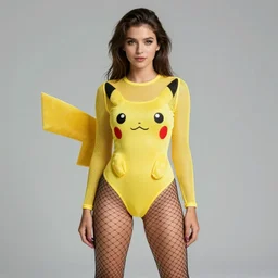 color portrait of an attractive girl wearing a mesh costume of pikachu and fishnet stockings, by David Hamilton, photography