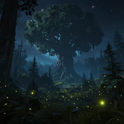 intergalactic forest on a planet with a big tree in the background and fireflies in the foreground, night, by thomas kinkaid, no man's sky screenshot