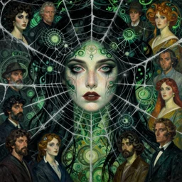 a beautiful terrifying painting dark close up woman in a spider web, fractals, sacred geometry, green and black hues by raymond swanland, gaston bussiere, craig mullins, alphonse mucha, basil gogos, norman rockwell, takato yamamoto, jack kirby, ruan jia, roberto ferri, monet, by wlop, moebius, syd mead, roger dean,