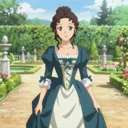 a beautiful woman in a regency style dress, royal garden landscape , 4k, anime key visual,  lois van baarle, ilya kuvshinov, rossdraws, artstation