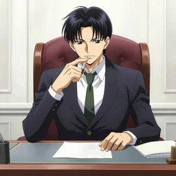 griffith from berserk manga by kentaro miura sitting at his white house oval office desk
