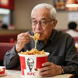 Tun Mahathir mohammad eating a bucket of KFC , photorealistic 8k