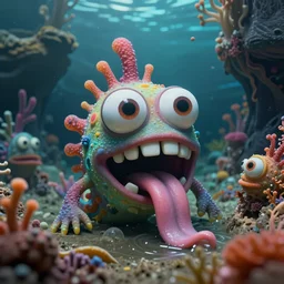 of an intricate sea cavern with colorful strange cute marine creatures with huge eyes, long tongue, square teeth and funny face appearing from murky waters, in the style of jeff koons, macro lens, shallow depth of field, highly detailed, digital painting, trending artstation, concept art, illustration, cinematic lighting, vibrant colors, photorealism, epic, octane render
