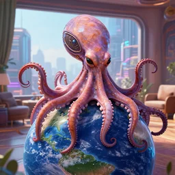 photo of a chtulu mandelbulb schpongle octopus bioshock xenomorph portrait over a planet earth, vibrance color scheme, by wlop by jungyeonmin and james jean jhonseru jsezz artstation and greg rutkowski, with some wood and gold details, biomechanical, lens orbs, global illumination, with a window overlooking a cyberpunk metropolis, lounge, architectural, volumetric lighting, granular detail, japandi, hyperrealist, ( no people in the scene ) micro details, blender, vray