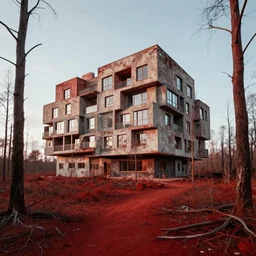 social modernist blockhouse estate in the midle of red, radioactive dead forest, brutalist architecture