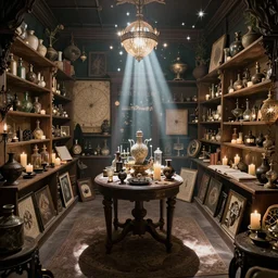the inside of an occult bookshop, potions, star charts, candles, knick knacks, ufotable studio art style, fantasy aesthetic, occult aesthetic, magic aesthetic, sunbeams, sparkles, wide angle