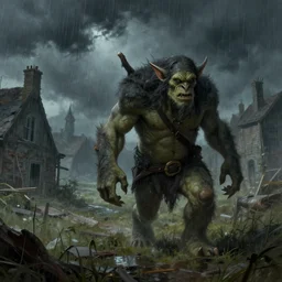 the undying troll, wandering through an abandoned town while it's storming. art by arthur dorothy mcintire jr., trending on artstation, fantasy, crisp