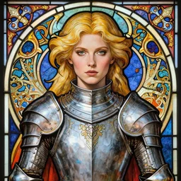 head-on symmetrical centered painted portrait, Elisha Cuthbert as a paladin, blonde hair, ornate iron armour, art nouveau, fantasy, masterpiece stained glass, intricate, elegant, highly detailed, smooth, sharp focus, illustration, artstation, in the style of Artgerm and Anna Podedworna and Alex Ross and Mucha