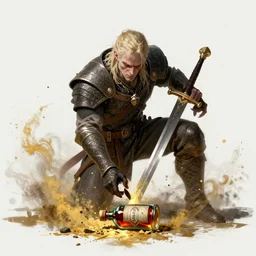 geralt the rivia after a fight with a ghoul, broken sword, opened bottle of mutagen on the ground, golden powder floating in the air, symetrical, sharp details, highly detailed, digital painting, trending artstation, concept art, illustration, cinematic lighting, vibrant colors, photorealism, epic, octane render.