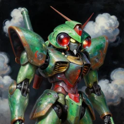 a baroque neoclassicist renaissance close - up portrait of a green and red iridescent whimsical 1 8 0 0 s japanese mecha gundam mantis with big glowing eyes. reflective detailed textures. puffy clouds, dark black background. highly detailed fantasy science fic tion painting by moebius, norman rockwell, frank frazetta, and syd mead. rich colors, high contrast. artstation