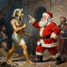 a detailed painting of rameses ii slapping santa claus by gerald scarfe and ralph steadman