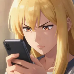blond macro anime girl getting angry because of ringtones, cellphone, highly detailed, cinematic wallpaper by stanley artgerm lau