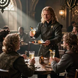jon snow playing a waiter, serving drinks at a fantasy tavern and chatting to customers, high detail, fantasy art by wlop and mobius