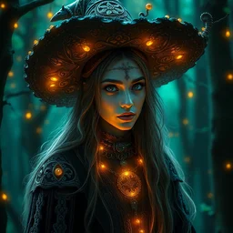 portrait of forest witch, beautiful, attractive, glowing, jaw dropping, magical, dynamic lighting, dark, mystical, 4 k, octane render, age 2 0, background enchanted woods, intricate and ornate