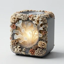 realistic product photo of a speaker designed covered in shriveling dead semi - translucent iridescent coral reef, emitting aura, the lighter is designed by dieter rams, 1 9 6 0, life magazine photo, natural colors, metropolitan museum, kodak, 8 k, very detailed, high resolution, product photo,