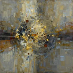 an intricate and complex abstract painting with a lot of stains, golden threads, brown holes, surreal style