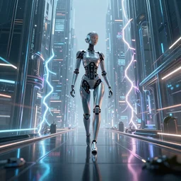 a beautiful cyborg ai wandering, cyber universe, glass buildings, volumetric lightning, reflections, octane render