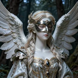 a masterpiece ultrarealistic ultradetailed portrait of a incredibly beautiful angel princess with iron mask. baroque renaissance girl in the night forest. medium shot, intricate, elegant, highly detailed. trending on artstation, digital art, by stanley artgerm lau, wlop, rossdraws, james jean, andrei riabovitchev, marc simonetti, yoshitaka amano. background by james jean and gustav klimt, light by julie bell, 4 k, porcelain skin.
