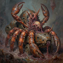 oil painting nightmare macerated epic multi tiered crustacean vehicles used for future military rusted demon stuck in tusked primoridal slimes dropping into in terrifying necrotized skins, cinematic, fine art, ornate masterpiece, hyper detailed by geof darrow and built by alex nino