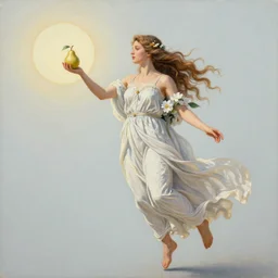 very realistic beautiful painting of a goddess holding flowers and levitating a pear, sun on the left moon on the right as she is sitting on a rock at night time, realistic 8K HD