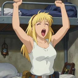 Character portrait of a tank top-clad blonde female airship mechanic stretching and yawning in her cramped bunk, steampunk, defined facial features, highly detailed, digital illustration, official Kyoto Animation and Studio Ghibli anime screenshot, by Makoto Shinkai and Alphonse Mucha