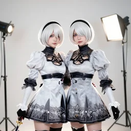 photo still of a female cosplaying as 2 b nier automata, 8 k, studio lighting bright ambient lighting key light, 8 5 mm f 1. 8