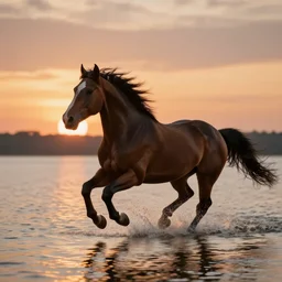 a horse running on a lake, with sunset, photorealistic, cinematic, well detailed, HDR, 8k, By Albert Bierstadt
