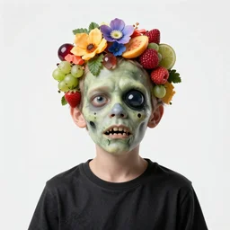 portrait of a zombie straightedge hardcore kid, moshing, head made of fruit gems and flowers in the style of arcimboldo, basil wolverton, philip taaffe, cartoonish graphic style, street art, silkscreen pop art, punk graphics, photocopy