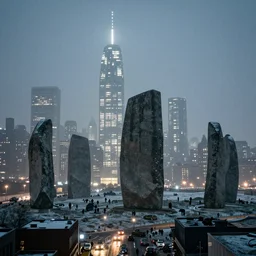 gigantic skyscrapers stand isolated like neolithic standing stones, hundreds of bright lights shine from the buildings, roads, cars and pedestrians inhabit the city below, backlit, by sarah moon and joel peter witkin, grainy, snow, gloomy and foggy atmosphere, octane render, cinematic lighting, tri - x, 8 k, hd