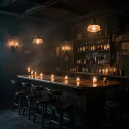 smoky and dark tavern with candles
