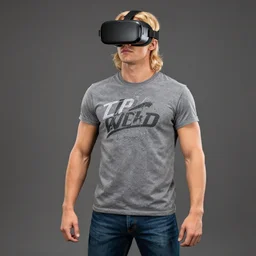 skinny blonde male wrestler in a band t - shirt and jeans wearing a vr headset, realistic,