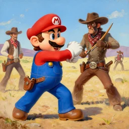 mario dressed as a cowboy fighting outlaws in the wild west oil painted