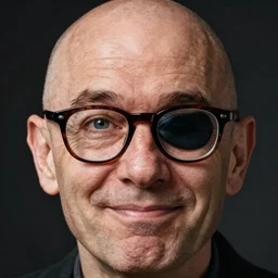 a closeup of a funny looking balding man with thick glasses with eye patch by thomas kincade realistic, high details
