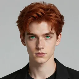 digital art of a stylish young man with red hair and green cat - like eyes, popular, famous, attractive, high quality, highly detailed, hd, 4 k, 8 k,