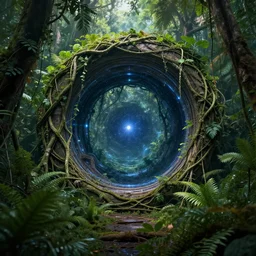 intergalactic stargate portal in the middle of a jungle, with vines and leaves entwining it