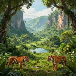 scenic landscape, jungle, tigers, snakes, bugs, trees, cliffs, hills, mountains, bushes, ponds, lakes, cinematic scenery, digital art, 8k, trending on artstation, beautiful, breathtaking