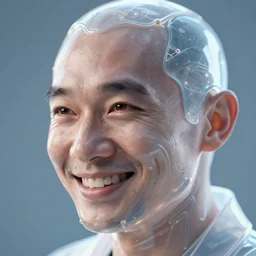 hyperrealistic close-up translucent exoskeleton!! smiling chinese man covered highly detailed concept art eric zener elson peter cinematic side soft blue light high angle hd 8k sharp shallow depth of field