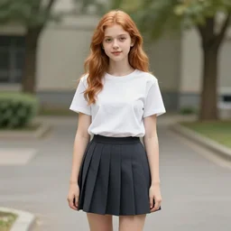 a cute teen a girl with ginger hair wearing a t shirt and skirt