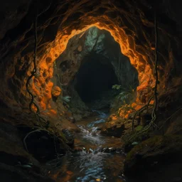 inside of a dark cave, small water stream, dim light from orange minerals, small vines, fantasy, art by greg rutkowski