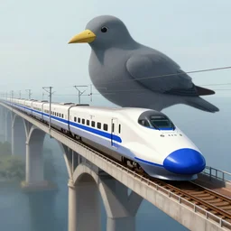 a shinkansen train on an arch bridge with a giant grey bird on it, high quality, digital painting, artstation, mysterious