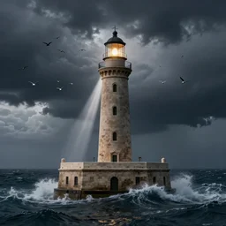 Detailed Exterior Shot of Fierce Stormy Gale Lighthouse of Alexandria, Stormy Seas, light shafts, flock of birds, stunning atmosphere, in Style of Peter Mohrbacher, cinematic lighting