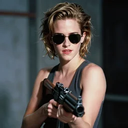model The Terminator (1984) movie poster emma watson wearing sunglasses holding a weapon model photoshoot f/1.4 14mm