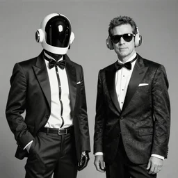 bert & earnie dressed as daft punk 1999. black and white photography.