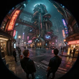 fisheye lens shot of tech - noir dystopian city, streets, incandescent lights, neon signs, people walking, peter morbacher, ross tran, greg rutkowski, intricate details, extravagant, trending on artstation, cinematic lighting, digital painting, sharp focus, no blur, octane render, artgerm