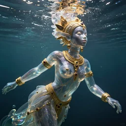 hyperrealistic cinematic half underwater scene very expressive! translucent elegant african goddess full body, gold jewerly, highly detailed face, digital art masterpiece, aykut aydogdu eric zener, dramatic volumetric light, long shot, low angle uhd 8 k, sharp focus