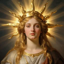 a beautiful portrait of a sun goddess with a golden crown, sunlight beams, god rays, volumetric lighting, by jules bastien - lepage, detailed, greg rutkowski, rembrandt, 8 k