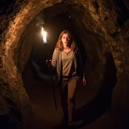 a girl with a torch walking through a cave, the girl is scared, by wain, louis