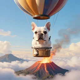 a white fawn French bulldog, in a hot hair balloon over an active volcano, photorealistic illustration , digital art.